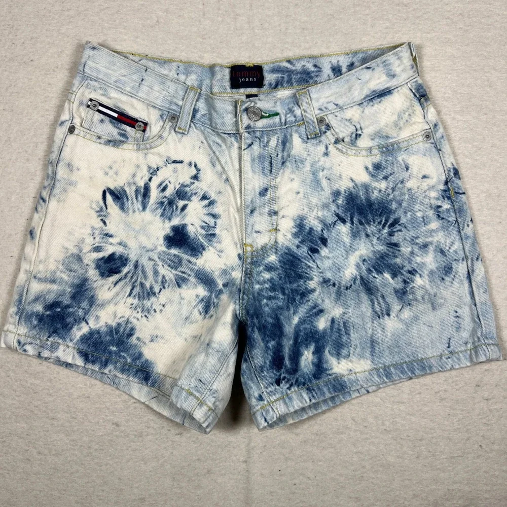 Tommy Jeans‎ Womens Tie Dye Denim Shorts Size 7 Blue White Acid Wash Y2K